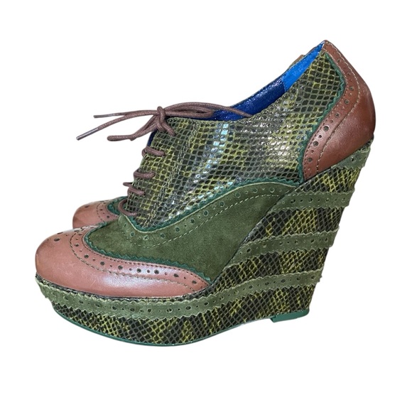 Poetic License Wild Safari Green Brown Leather Oxford Wedge Platform Heels 39 - Picture 4 of 10
